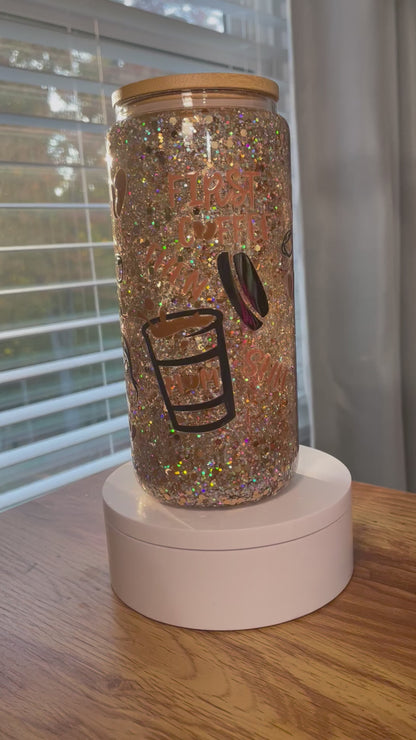 First Coffee glass snow globe tumbler | Glitz & Glamour Tumblers